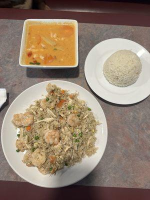 Curry Red w/ chicken and Thai Fried Rice w/ shrimp and chicken