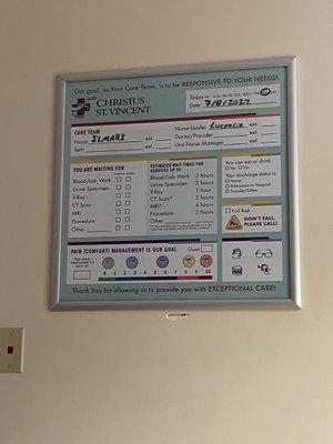 Patient Information board in my ER room. It's blank., dated July 8th. I was admitted on July 10th