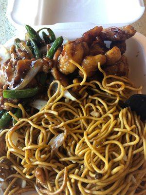 String beans and chicken, noodles and orange chicken.