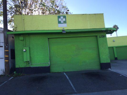 Neon green car shop exterior