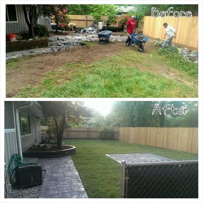 Gardening Wall, Stamped Concrete, Grass, Chain link fence for dog run area. All done by A+ Student Landscapers! Call for a free estimate!