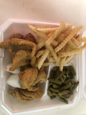 Cat fish fillets French fries, green beans, bread, pickle, onion and hush puppies!