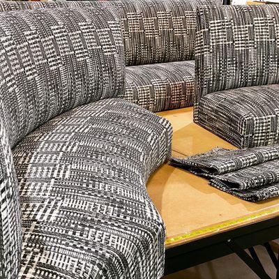 Breakfast nook benches upholstered in Outdoor fabric