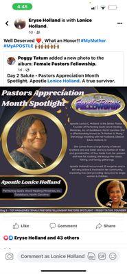 Received Pastor of the month from TCP Magazine. Owner/Publisher
 Peggy Tatum