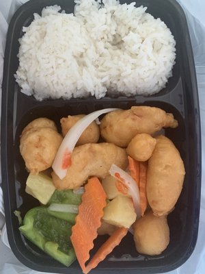 Sweet and sour chicken with rice and steamed veggies - size small, plenty of food! Enough for a dinner