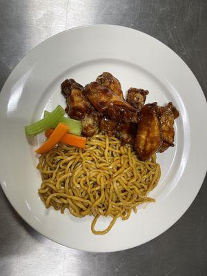 Korean BBQ wings with noodles