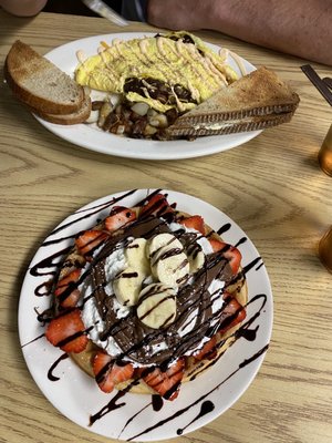 Nutella waffle + corned beef omelet