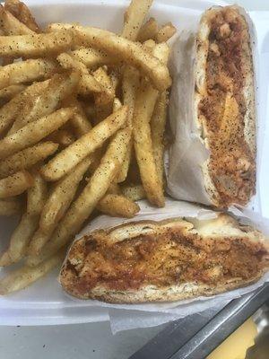 French fries with chicken parmigiana