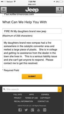 Email to jeep which has gone unanswered along with my college age daughters phone calls regarding the fire in her new Jeep