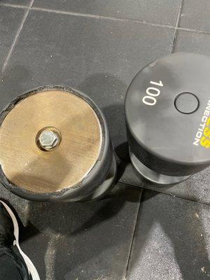 This end of these 100's fell off at least like 3 months ago. How hard is it for a billion dollar corporation to replace 2 dumbbells?