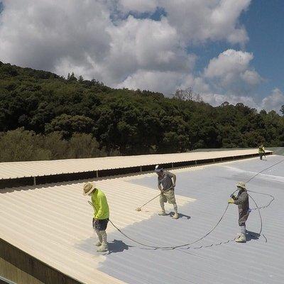 Elastomeric final coating layer completing a foam roof installation over a commercial corrugated metal deck structure