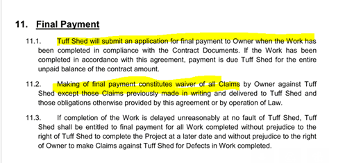 Tuff Shed final payment