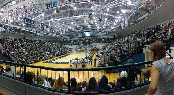 The main court during a woman's volleyball game.