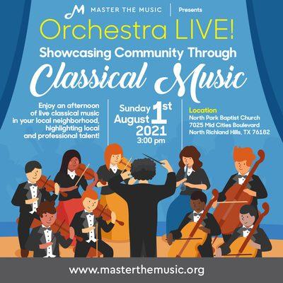 Orchestra concert on Sun., 8/1 in NRH. Get your tickets here: https://www.eventbrite.com/e/orchestra-live-showcasing-community-through-class