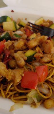 Kung Pao chicken on chow mein