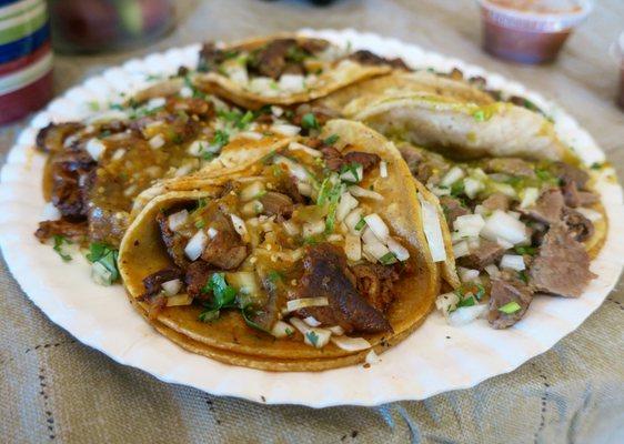 Asada, pastor and lengua tacos