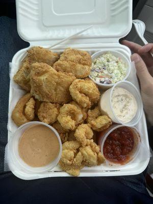 Platter with scallops, haddock, shrimp, and onion rings