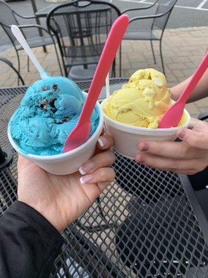 "Cookie Monster" (vanilla dyed blue with cookie dough and Oreo pieces) and "Banana Wafer" ice cream