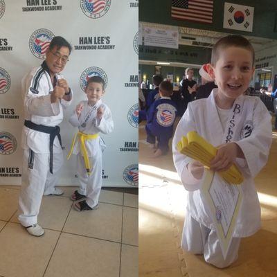 Earned his 1st belt. So proud of himself