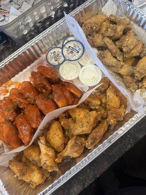 50pc party wing platter: crazylicious flavors are crazy hot, dry season and garlic Parmesan.