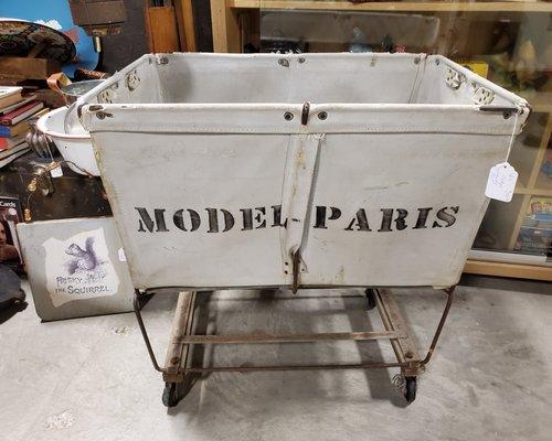 Vintage canvas, metal, & wood laundry cart