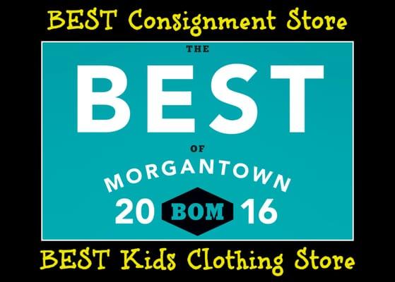 The results are in and we did it again!  Thank you Morgantown for voting. Best Consignment and Kids Clothing store for 2016.