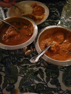 Chicken curry on the left and chicken Tika masala  on the right.