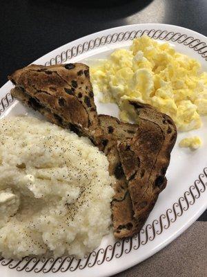 Grits, raisin toast, eggs, turkey sausage and a waffle -- I can't eat it all but sure happy to try.