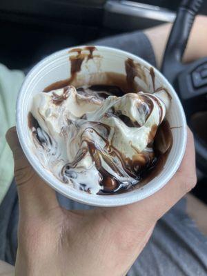 Half eaten hot fudge sundae