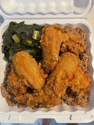 3 chicken Wings Lunch Special with 15. Collard Greens and 28. Red Bean Rice