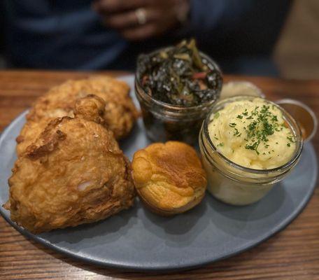 Fried Chicken, Braised Collard Greens, Yukon Gold Mashed Potatoes, muffin