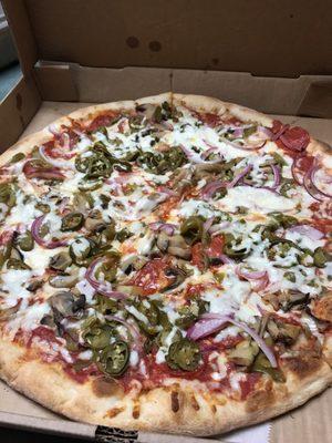 Pepperoni, onion, bell pepper, mushroom, jalapeño