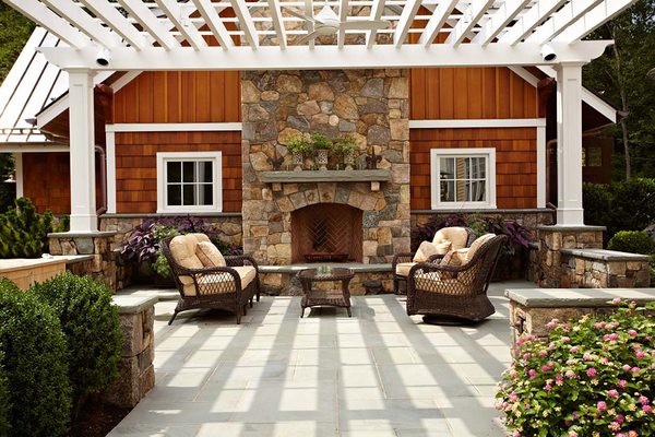 Outdoor fireplace and living area.