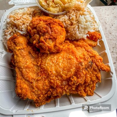 Chicken Plate # 2  * 2 thighs * 1 drum * 2 scoops rice * Side mac salad or kimchee salad