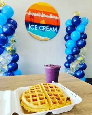 Carrot cake waffle and Purple Paradise smoothie