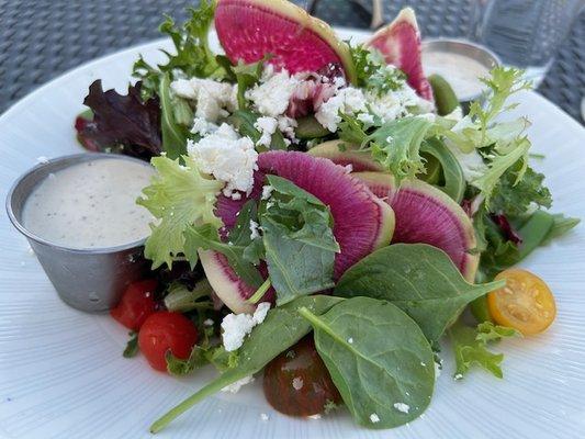 Mixed green salad with vinaigrette dressing on side.