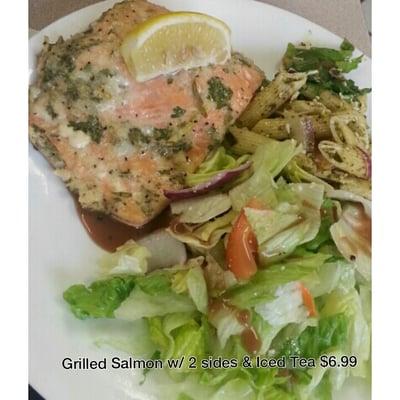 Grilled Salmon w/ 2 sides & Iced Tea $6.99