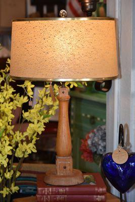 Ranch Oak lamp, Cobalt blue handblown glass heart