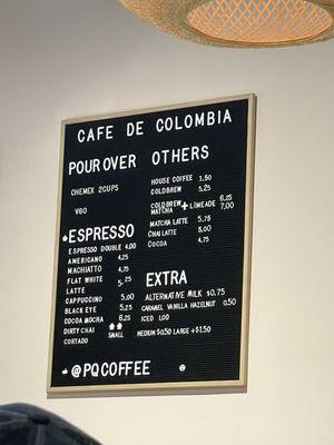 Coffee menu