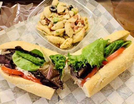 Traditional chicken salad sandwich w the homemade pasta salad.