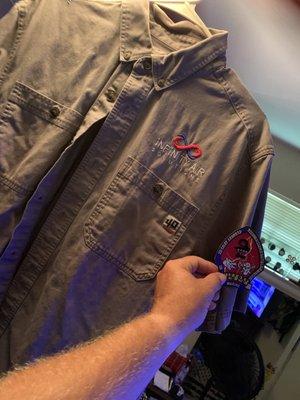 This is my company work shirt.   I have two I would like this patch sewn on the left sleeves of both.  Same patches , same shirts