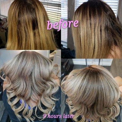 Color correction and blonde balayage as final result by Jackie.