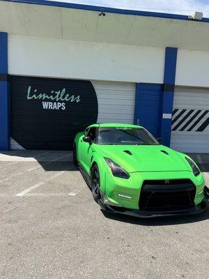 Green/Good complete wrap for fully built Nissan GT-R. Went straight to a car show in Monterey, CA after