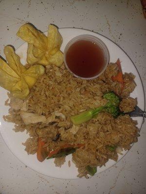 Vegetable and chicken fried rice with crab rangoons