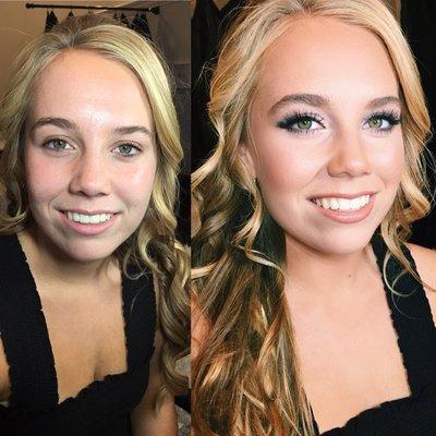 Before and after makeup application for a high school formal night