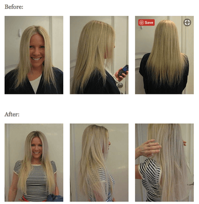 Single strand, custom blended GreatLengths hair extensions for a super long, blonde look.