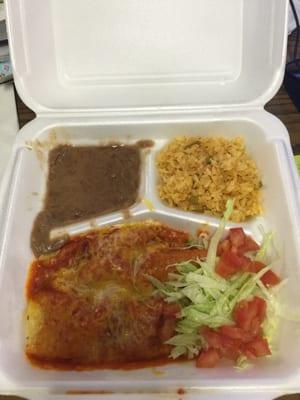 Chicken enchiladas w/ red sauce to go!