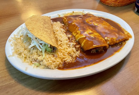 2 Beef Enchiladas, Hardshell Beef Taco, and Rice Combination