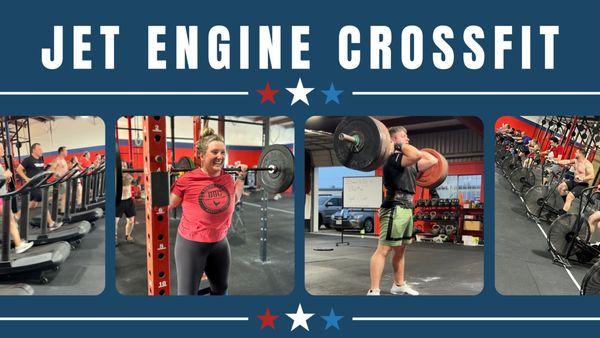 Jet Engine CrossFit athletes smiling and working out together, showcasing teamwork and fitness in a positive, energetic environment.