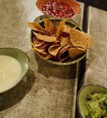 Three Amigos: chips + guacamole, queso blanco and smokey house salsa